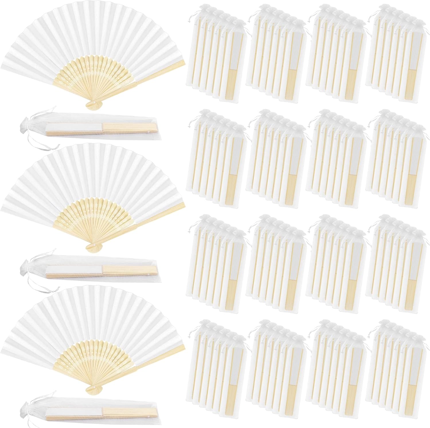 MCEAST 120 Pieces Wedding Handheld Paper Fans White Bamboo Folding Paper Fan with 120 Organza Bags Foldable Cool Wedding Favors Wedding Fans for Guests Party Favors DIY Decoration