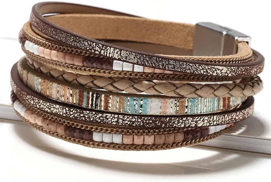 Fesciory Leather Wrap Bracelets for Women, Boho Leopard Multi-Layer Crystal Beads Cuff Bracelet Jewelry