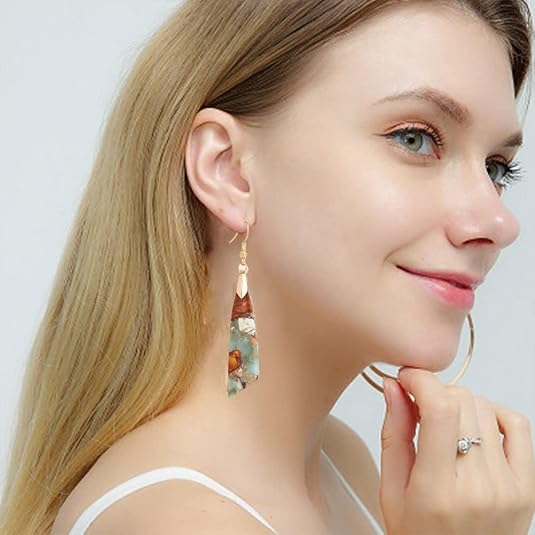 Boho Women Natural Stone Earrings Unique Healing Imperial Jasper Gemstone Energy Hypoallergenic Lightweight Dangle Drop Earrings Multiple Styles Earrings Jewelry for Birthday Party Gift
