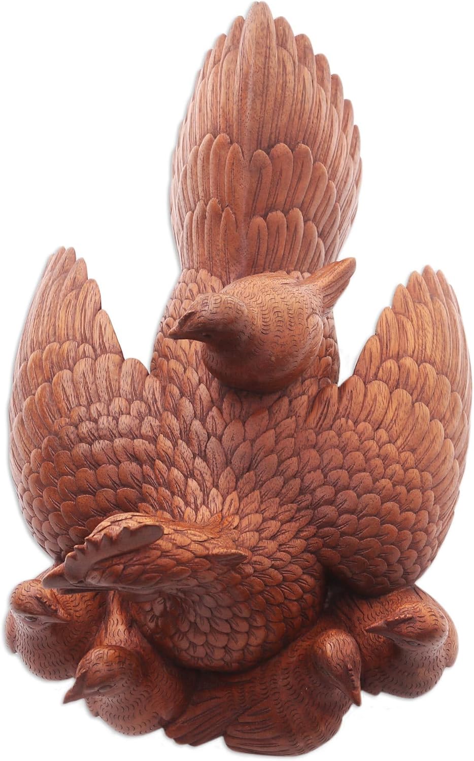NOVICA Artisan Handmade Wood Statuette Brown Indonesia Sculpture Animal Themed Bird [6.75in H x 13.5in W x 9.5in D] ' Chicken Family'