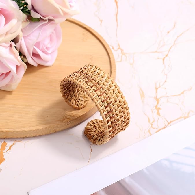 Rattan Bracelets, Woven Cuff Bracelet Open Cuff Wrist Jewelry Vintage Bohemian Statement Jewelry for Women Summer Beach Party