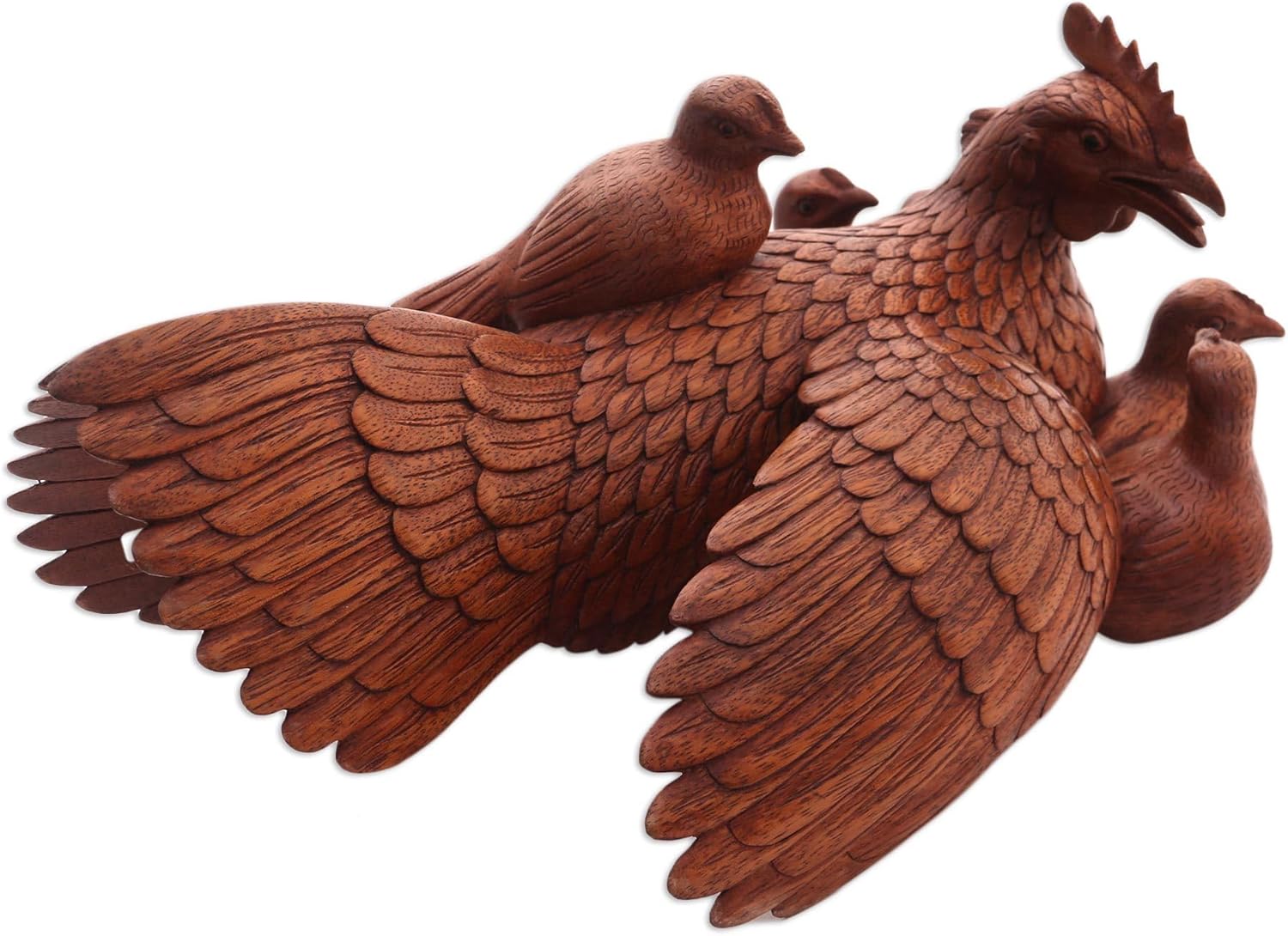 NOVICA Artisan Handmade Wood Statuette Brown Indonesia Sculpture Animal Themed Bird [6.75in H x 13.5in W x 9.5in D] ' Chicken Family'