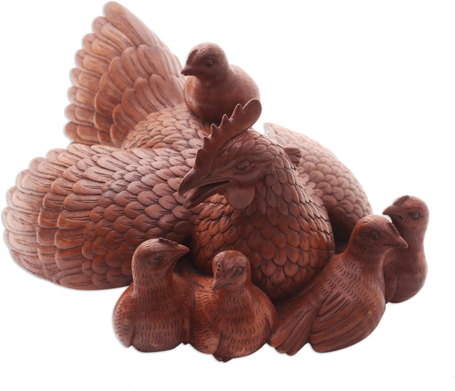 NOVICA Artisan Handmade Wood Statuette Brown Indonesia Sculpture Animal Themed Bird [6.75in H x 13.5in W x 9.5in D] ' Chicken Family'