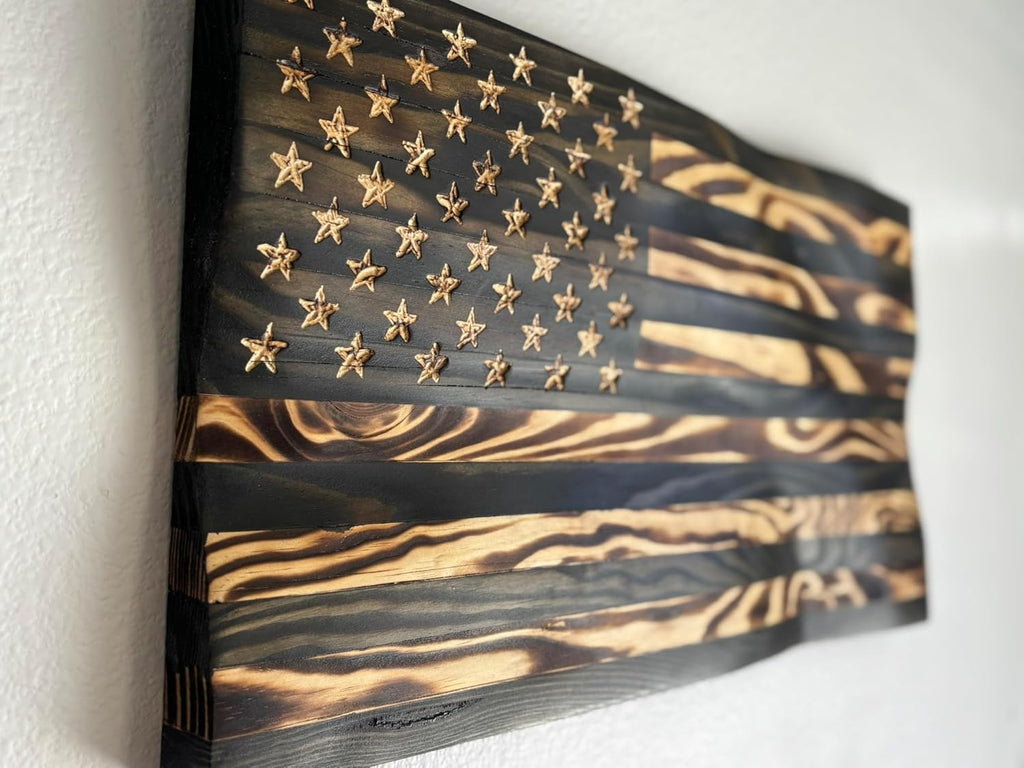 Rugged Cross Creations Handmade Waving Wooden Rustic Wood Burning Blacked Out American USA Flag Wall Art Decor-Patriotic Made in the USA Wall Decorations (LG-35in. x 19.5in Edition)