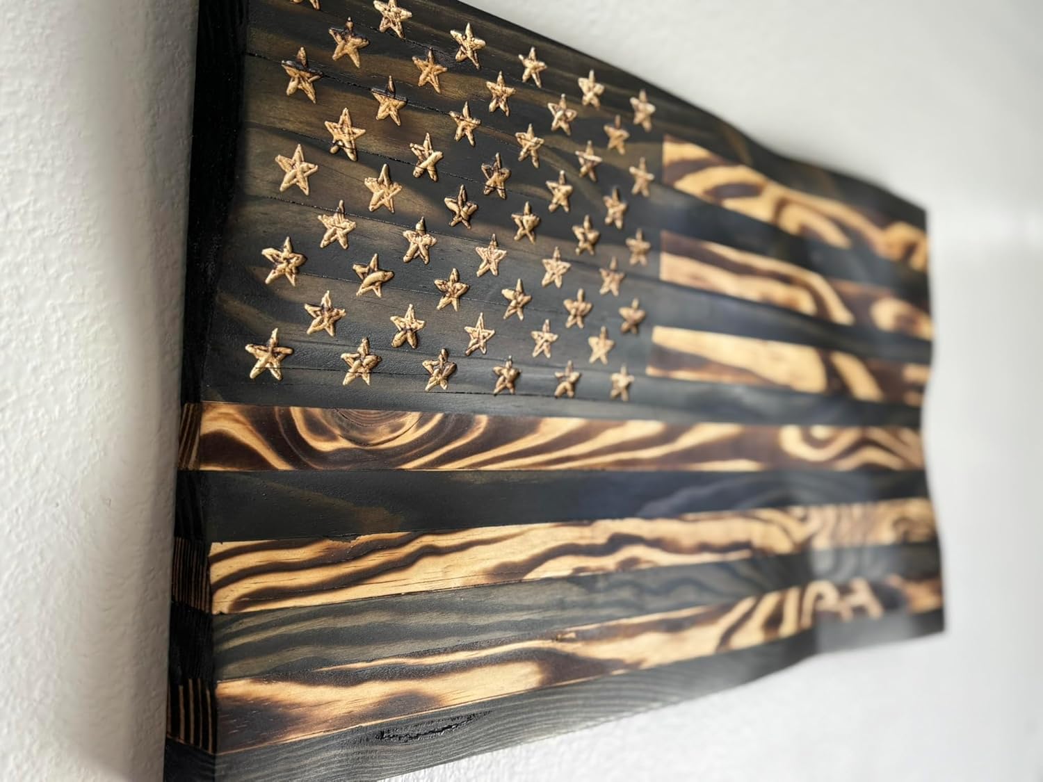 Rugged Cross Creations Handmade Waving Wooden Rustic Wood Burning Blacked Out American USA Flag Wall Art Decor-Patriotic Made in the USA Wall Decorations (LG-35in. x 19.5in Edition)