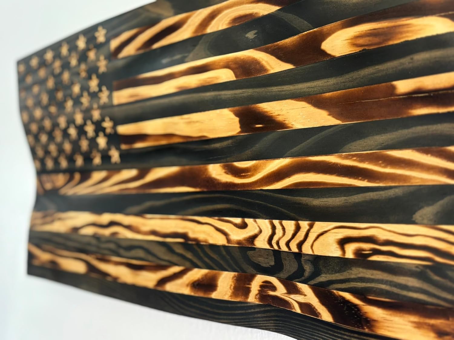 Rugged Cross Creations Handmade Waving Wooden Rustic Wood Burning Blacked Out American USA Flag Wall Art Decor-Patriotic Made in the USA Wall Decorations (LG-35in. x 19.5in Edition)