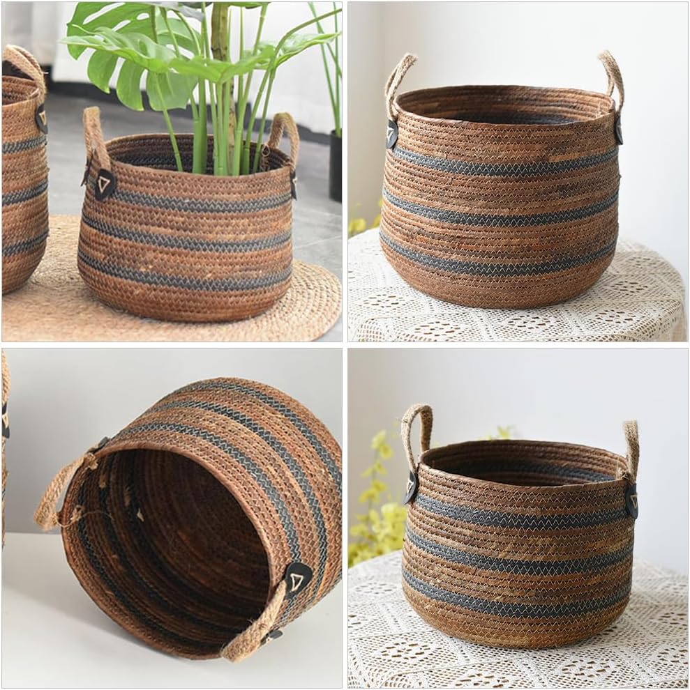 Zerodeko Woven Storage Straw Planter Basket Toy Blanket Organizer Seagrass Laundry Basket Large Wicker Basket for Dirty Clothes Pillows