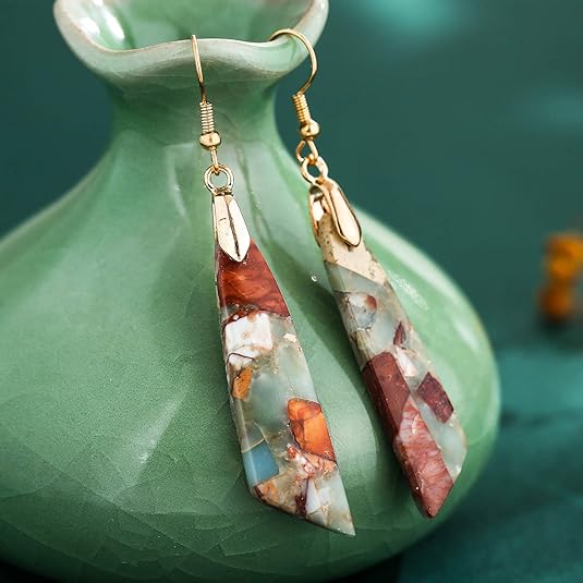 Boho Women Natural Stone Earrings Unique Healing Imperial Jasper Gemstone Energy Hypoallergenic Lightweight Dangle Drop Earrings Multiple Styles Earrings Jewelry for Birthday Party Gift