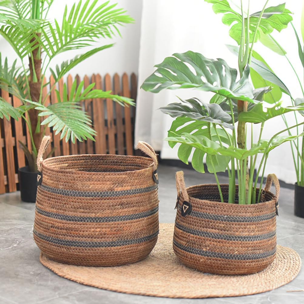 Zerodeko Woven Storage Straw Planter Basket Toy Blanket Organizer Seagrass Laundry Basket Large Wicker Basket for Dirty Clothes Pillows