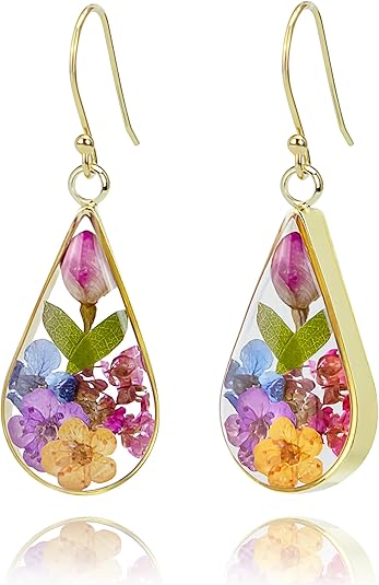 925 Sterling Silver Pressed Flower Teardrop Earrings,Hypoallergenic Women's Jewelry Gift for Mom and Wife,Handmade Natural Dried Flower Teardrop Earrings Jewelry Gift