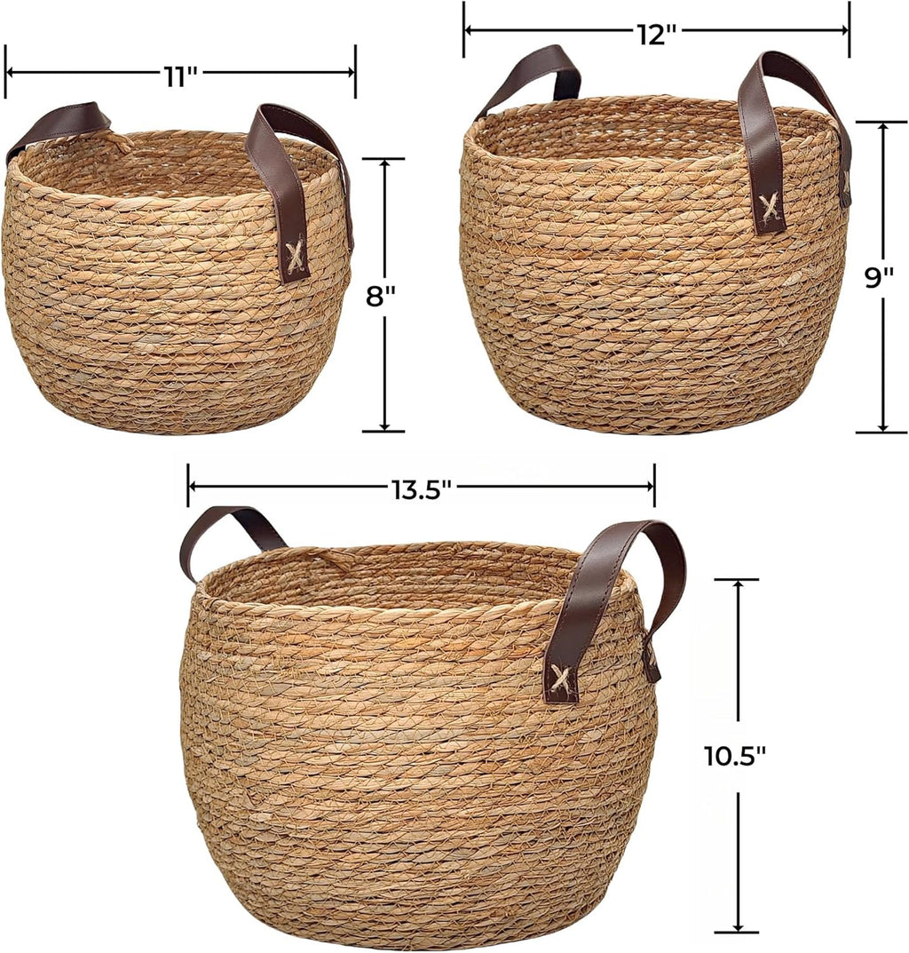 Click to see full view        GIB Round Wicker Woven Seagrass Storage Baskets with Leather Handles Set of 3, Natural Decorative Braided Rope Wicker Baskets Bins for Shelves Blankets Organizing, 13", 12" & 11"