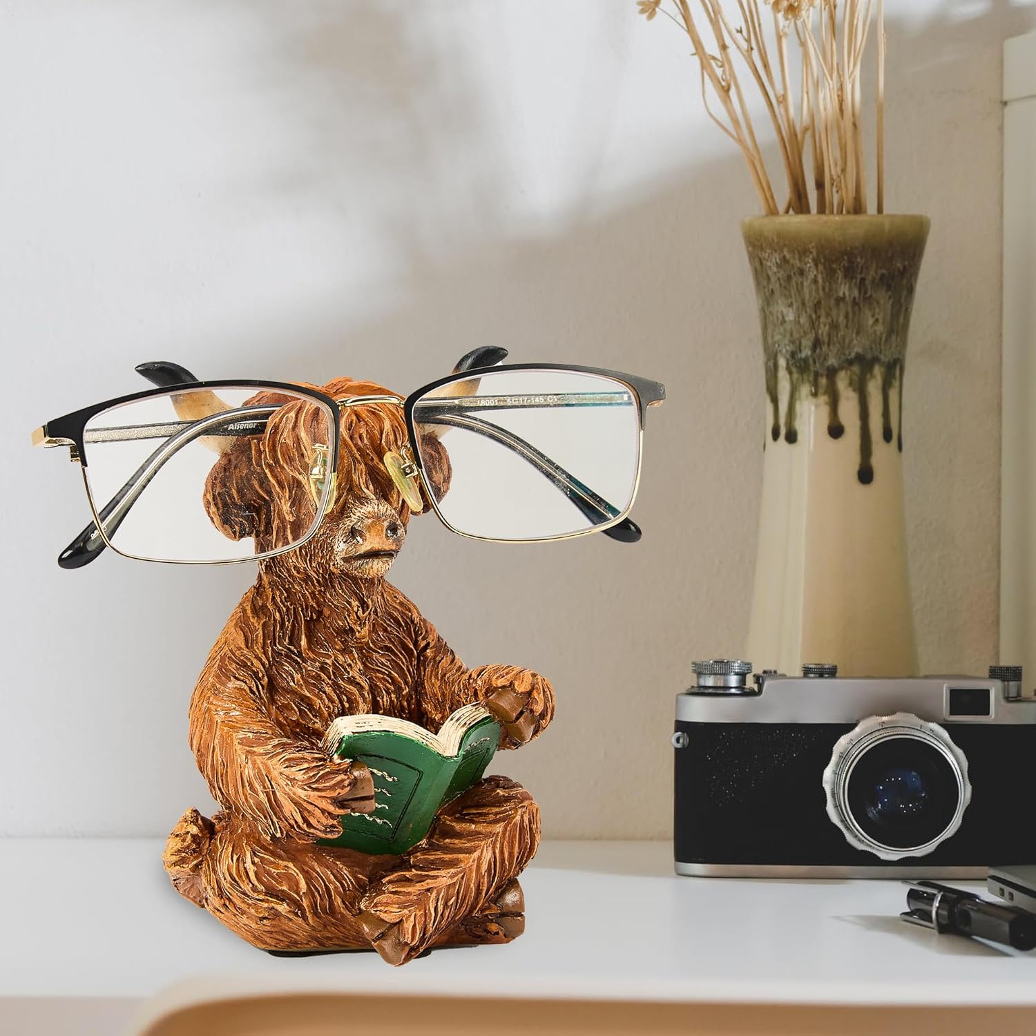 Handmade polyresin Carved Animal Eyeglass Holder, Cute Sunglasses Display Stand, Nightstand Home Office Desk Decor, Christmas Holiday New Year Business Gift for Men Women Adults (Cow)