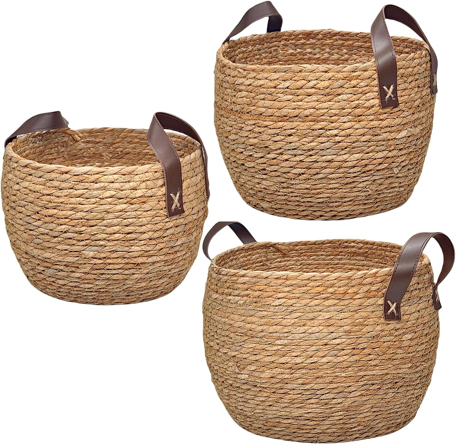Click to see full view        GIB Round Wicker Woven Seagrass Storage Baskets with Leather Handles Set of 3, Natural Decorative Braided Rope Wicker Baskets Bins for Shelves Blankets Organizing, 13", 12" & 11"