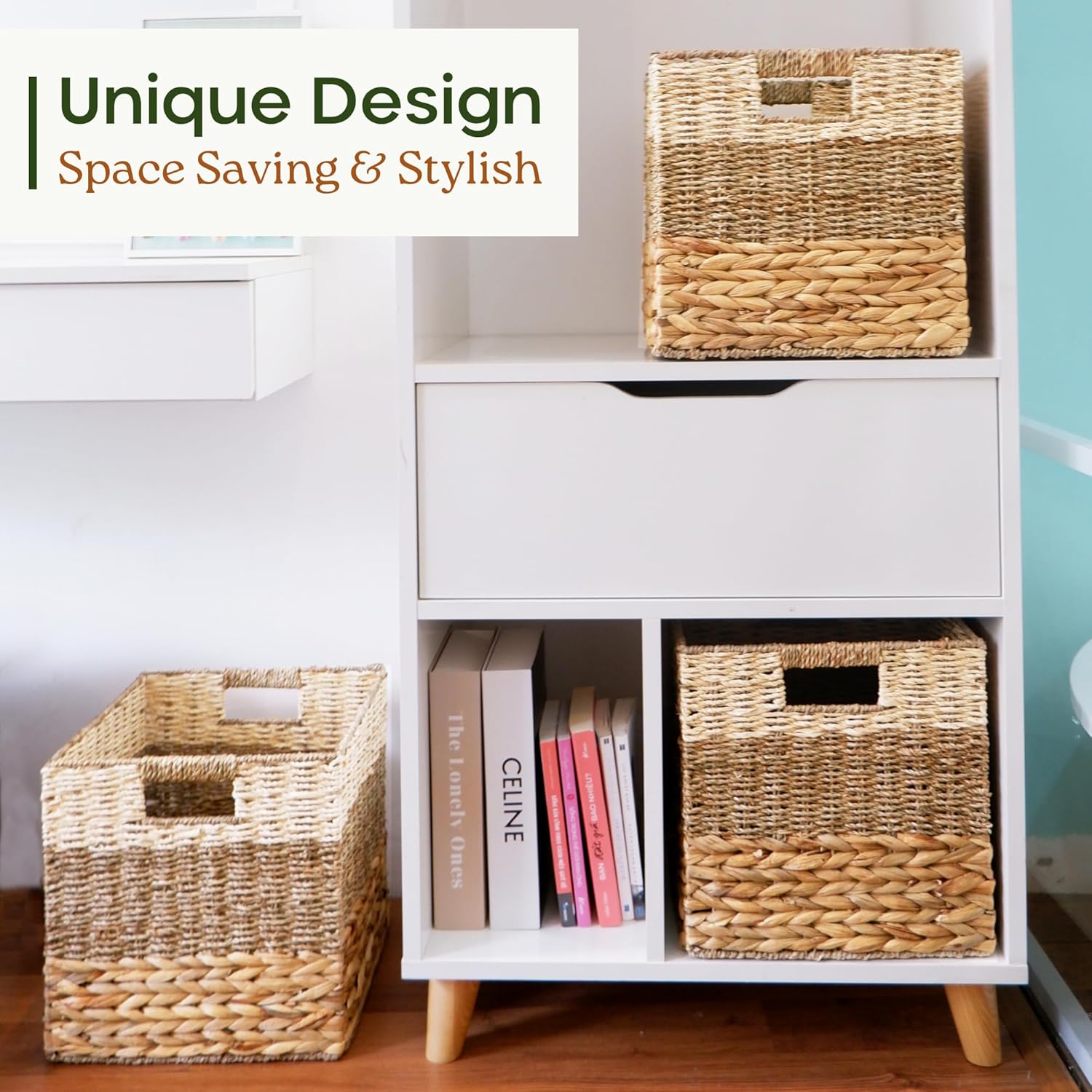 Wicker Storage Cubes, Set of 4 Heavy Duty Hyacinth Baskets for Shelf, 12x12 Storage Cube Bins, Natural Foldable Square Baskets for IKEA Kallax, Large Cubby Rattan Basket, Kallax Inserts