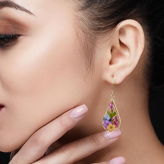 925 Sterling Silver Pressed Flower Teardrop Earrings,Hypoallergenic Women's Jewelry Gift for Mom and Wife,Handmade Natural Dried Flower Teardrop Earrings Jewelry Gift