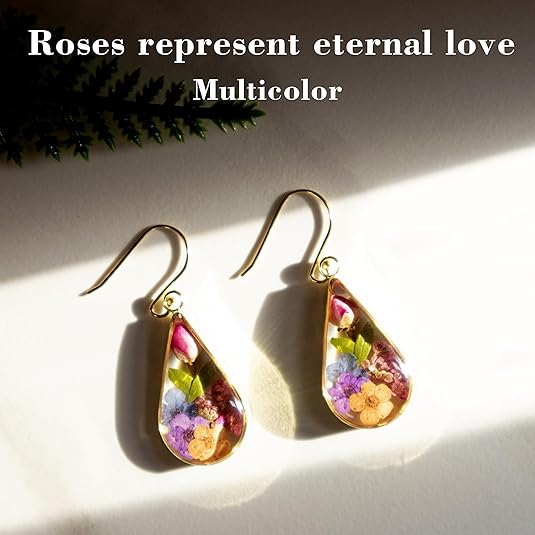 925 Sterling Silver Pressed Flower Teardrop Earrings,Hypoallergenic Women's Jewelry Gift for Mom and Wife,Handmade Natural Dried Flower Teardrop Earrings Jewelry Gift
