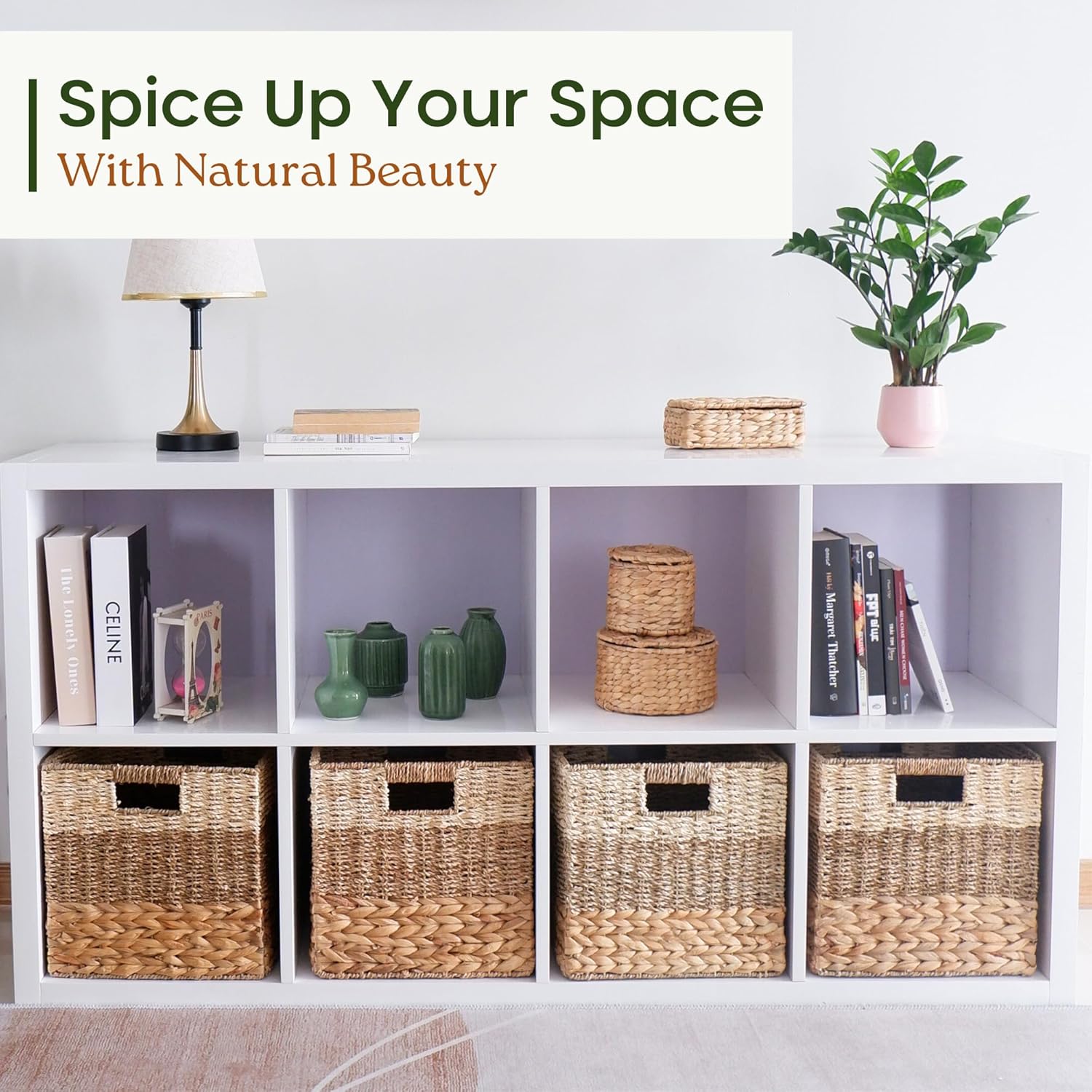 Wicker Storage Cubes, Set of 4 Heavy Duty Hyacinth Baskets for Shelf, 12x12 Storage Cube Bins, Natural Foldable Square Baskets for IKEA Kallax, Large Cubby Rattan Basket, Kallax Inserts
