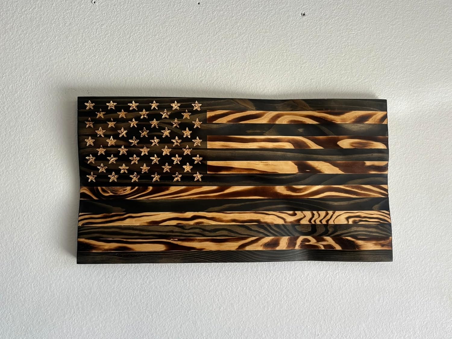 Rugged Cross Creations Handmade Waving Wooden Rustic Wood Burning Blacked Out American USA Flag Wall Art Decor-Patriotic Made in the USA Wall Decorations (LG-35in. x 19.5in Edition)