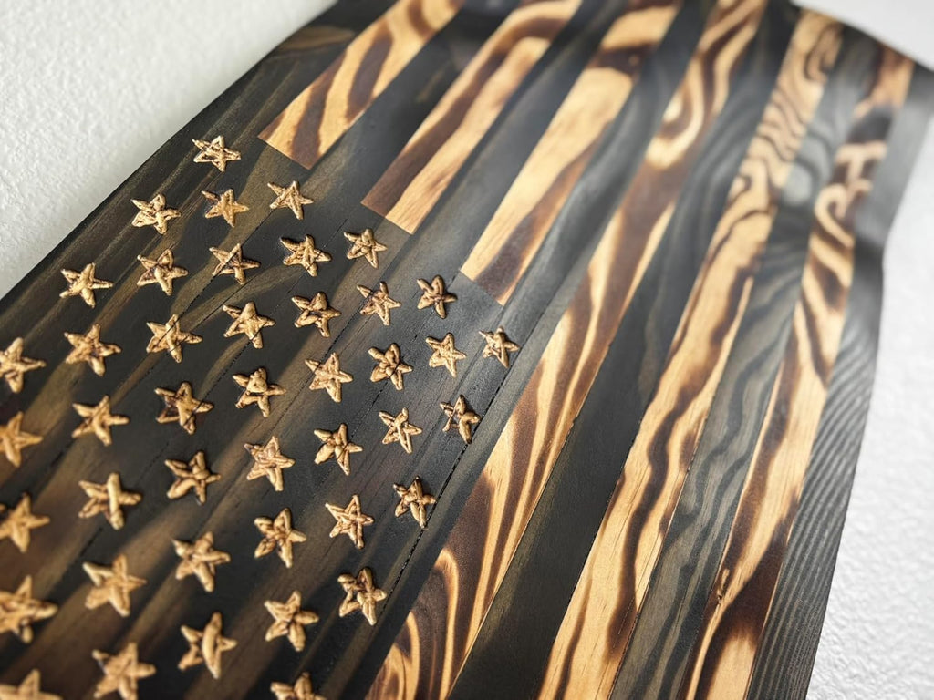 Rugged Cross Creations Handmade Waving Wooden Rustic Wood Burning Blacked Out American USA Flag Wall Art Decor-Patriotic Made in the USA Wall Decorations (LG-35in. x 19.5in Edition)