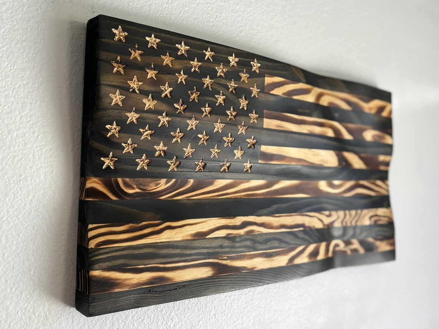 Rugged Cross Creations Handmade Waving Wooden Rustic Wood Burning Blacked Out American USA Flag Wall Art Decor-Patriotic Made in the USA Wall Decorations (LG-35in. x 19.5in Edition)