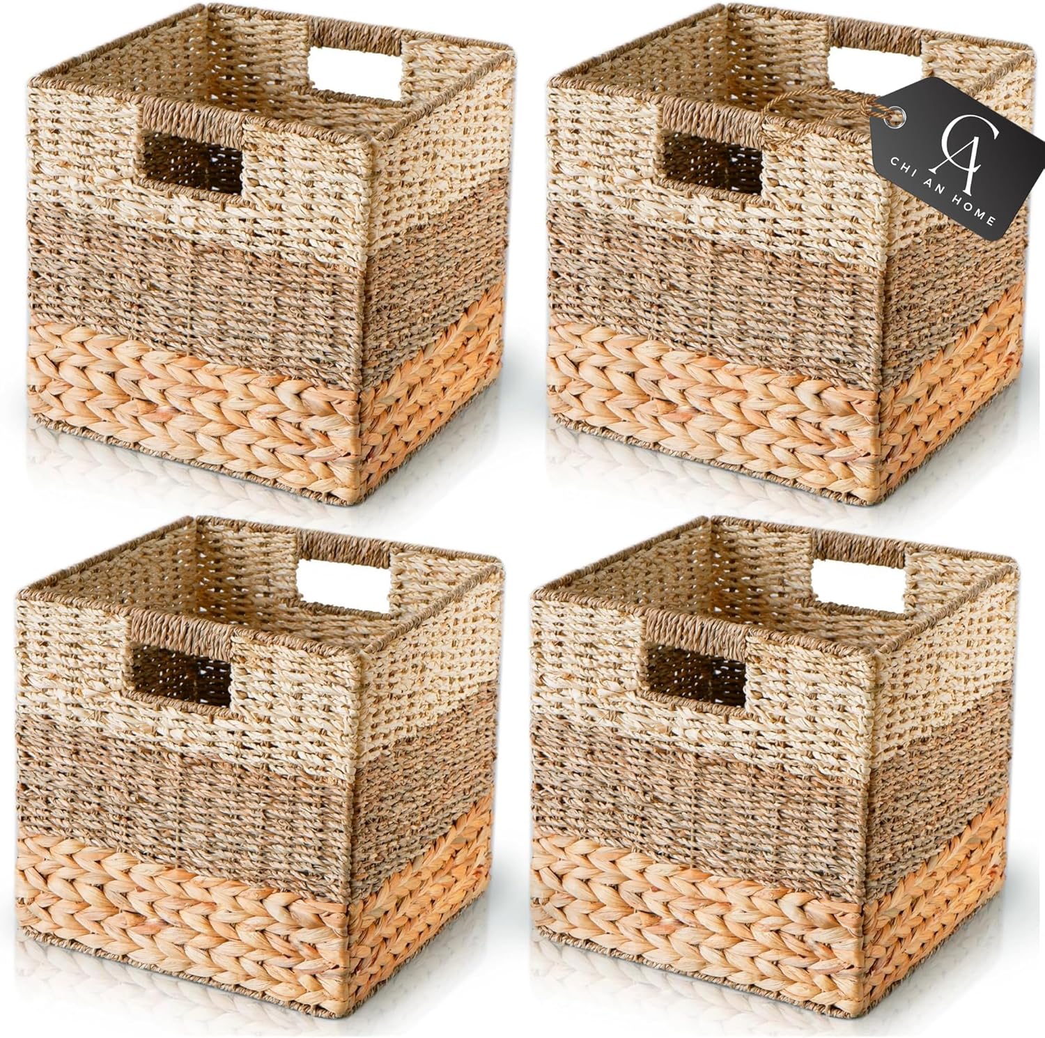Wicker Storage Cubes, Set of 4 Heavy Duty Hyacinth Baskets for Shelf, 12x12 Storage Cube Bins, Natural Foldable Square Baskets for IKEA Kallax, Large Cubby Rattan Basket, Kallax Inserts