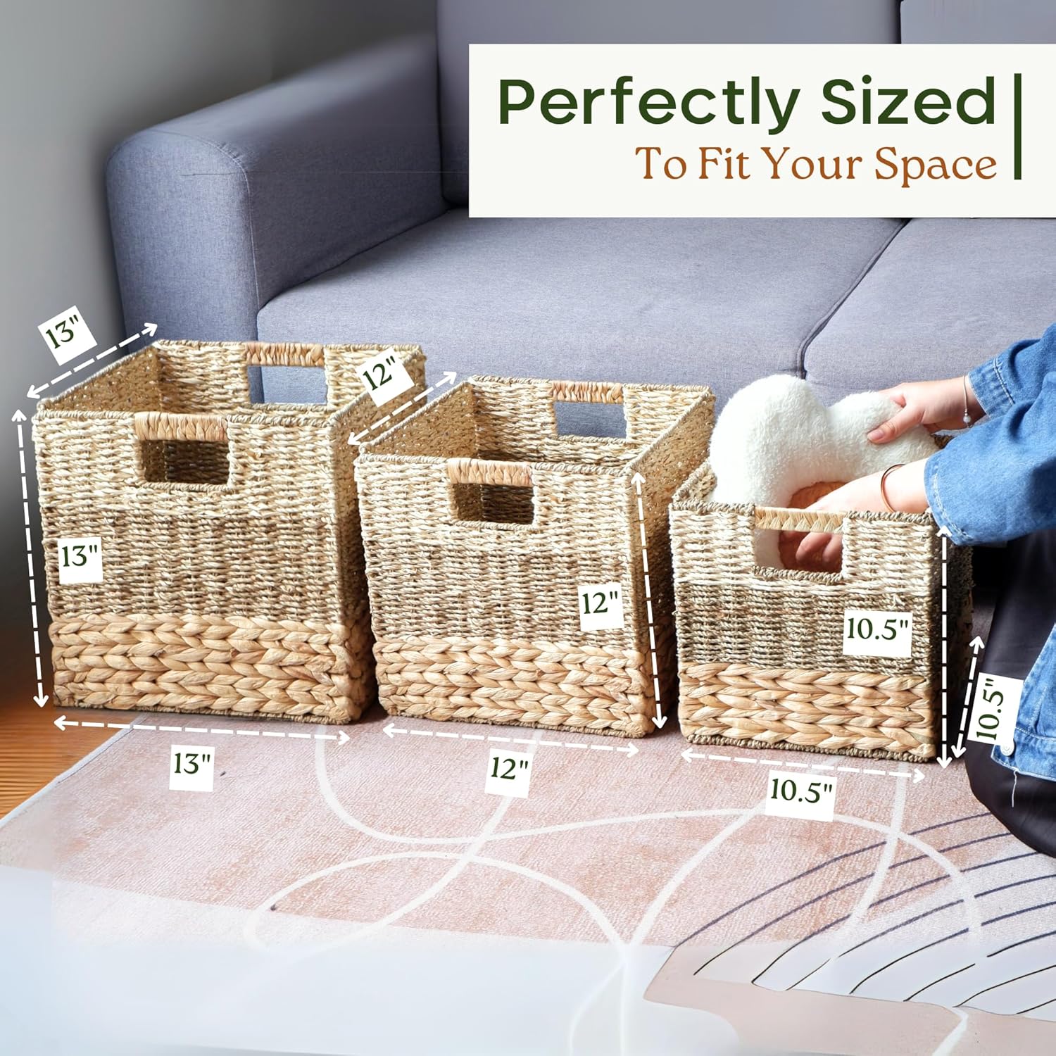 Wicker Storage Cubes, Set of 4 Heavy Duty Hyacinth Baskets for Shelf, 12x12 Storage Cube Bins, Natural Foldable Square Baskets for IKEA Kallax, Large Cubby Rattan Basket, Kallax Inserts